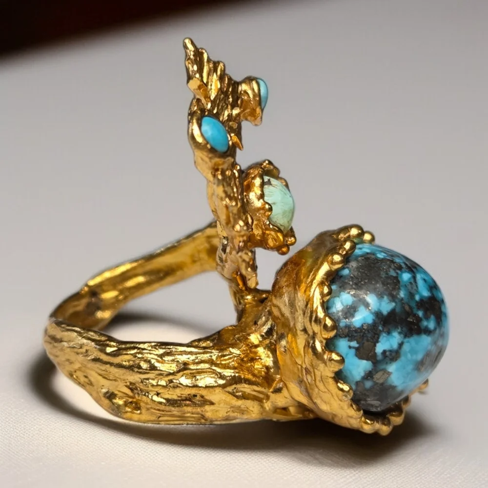 24k Gold Plated Artisan Turquoise Leaf Twig Free Form Massive Statement Ring - Picture 2 of 7